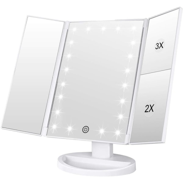Sminkspegel, 1x/2x/3x, tredelad sminkspegel med 21 LED-lampor och justerbar pekskärm