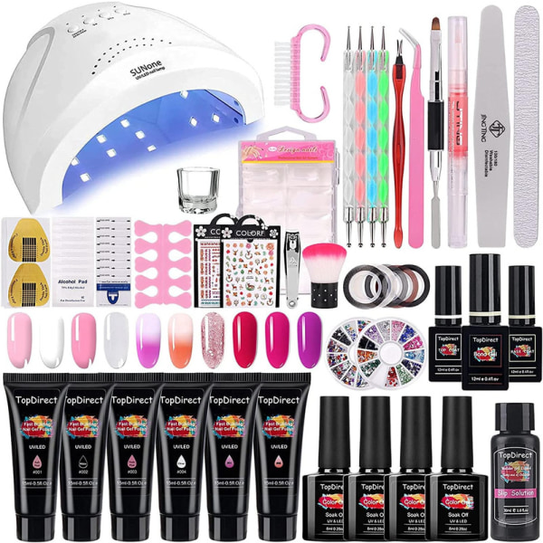 Poly Nail Gel Set med 48W UV-lampa, TopDirect 6 färger nagelförlängningskit Poly Starter Kits