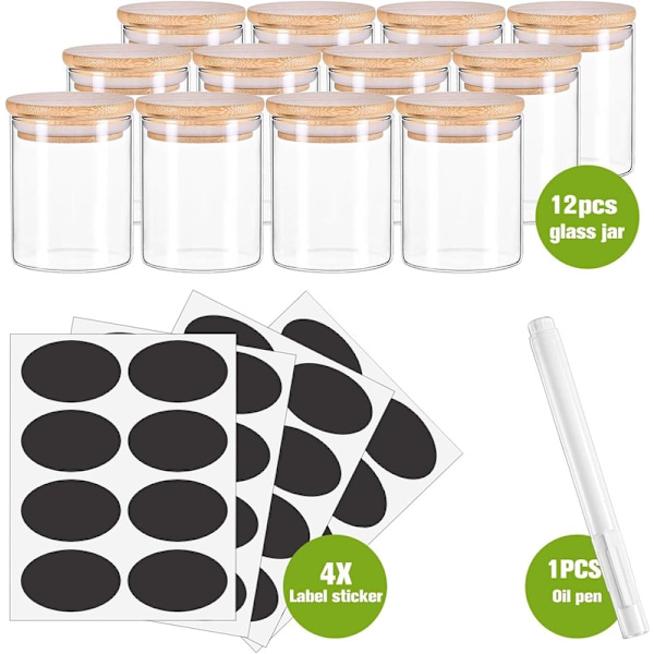 Set, 12-delat set med bambulock, perfekta förvaringsburkar för kryddor, örter och te
