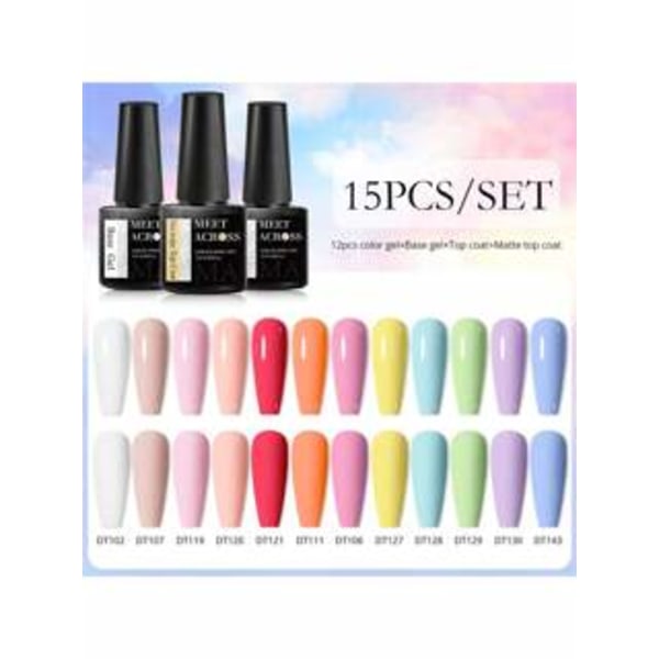 15-delars set med gellack - Glitterfärger, semipermanent, avtagbart, UV/LED-hybridgellack, baslack, topplack, nagelkonst-gelset, present till kvinnor