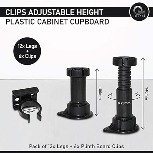 12 x Legs + 6 x Clips Adjustable Height Plastic Cabinet Cabinet for Kitchen with Pedestal Kick Board Clips