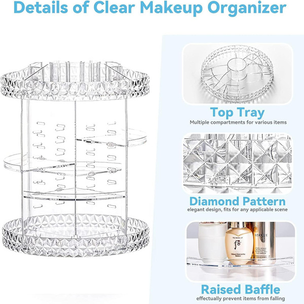 Makeup-arrangör, 360° roterbar sminkbord kosmetisk arrangör, parfymförvaring, hudvårdsskönhetsarrangör, sminklåda, tillbehör för byrå sovrum badrum, transparent