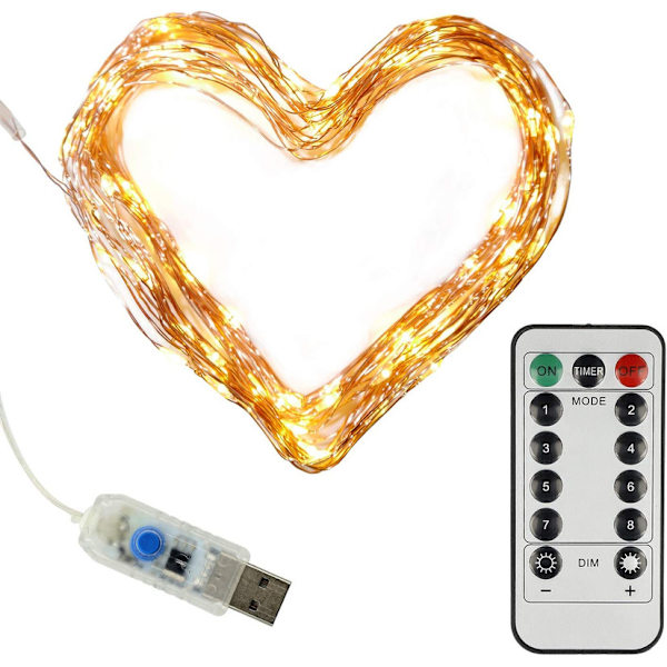 LED-miniljusslinga med USB port och fjärrkontroll, 100 lysdioder i varm