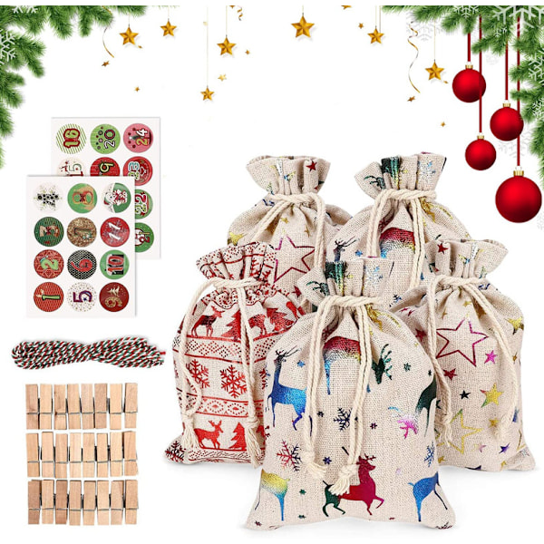 Advent Calendar Bags Christmas Calendars DIY Advent Bags with 24 Stickers,
