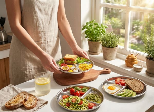 Middagstallrikar i rostfritt stål 304, 23 cm, 2-pack, indelade campingtallrikar för barn och vuxna,