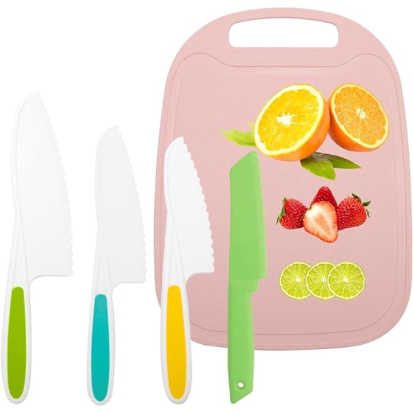Kids Knife Plastic, 4 Färgglada Barnknivar för Matlagning och 1 Rektangulär Skärbräda Kids Knife Set Safe