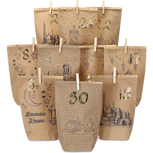 DIY ramadan-kalender med påsar – Kraftpapperspåsar med tryck – 30 presentpåsa