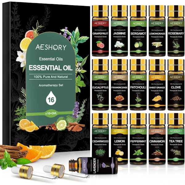 Aromaterapi Set med Eteriska Oljor 16x5ML, Aromadiffuser Olje Gåvosats