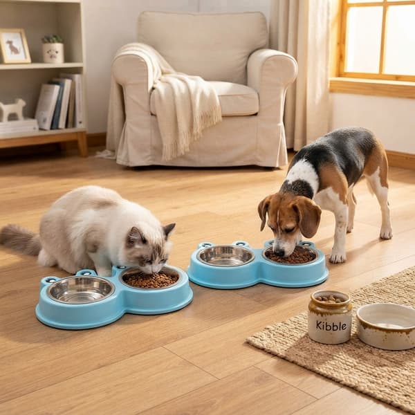Dubbelmatskål för Hund & Katt, Rostfritt Stål, 2-pack, Blå