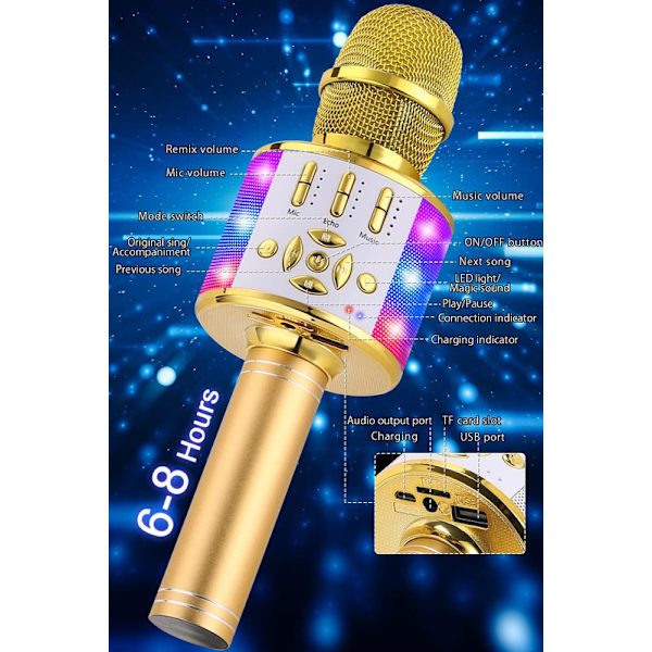 Trådlös Bluetooth karaokemikrofon 4 i 1 handhållna LED-lampor för barn för barn