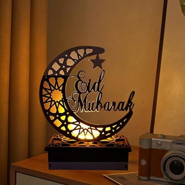 Trä LED-lampa Ramadan dekoration Crescent måne stjärna ljus muslimsk islam