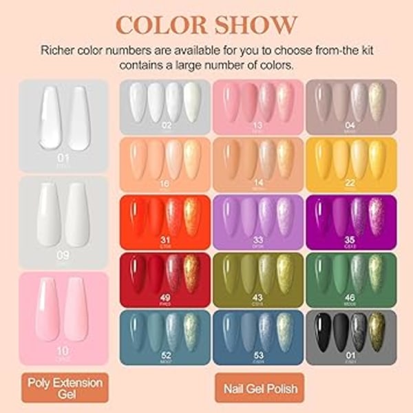 Nagelset för gellack, startpaket med lampa, 15 st UV-nagellack - 3 st Poly-nagellack, baslack och topplack