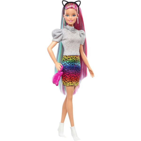 Barbie Leopard Rainbow Hair Doll (blond) Hårfunktion som byter färg, 16 hår- och modeaccessoarer