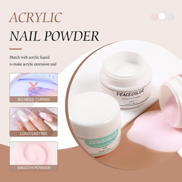 Akryl Nail Kit 3st Akrylpulver och set Akryl Nail Art Manicure Kit