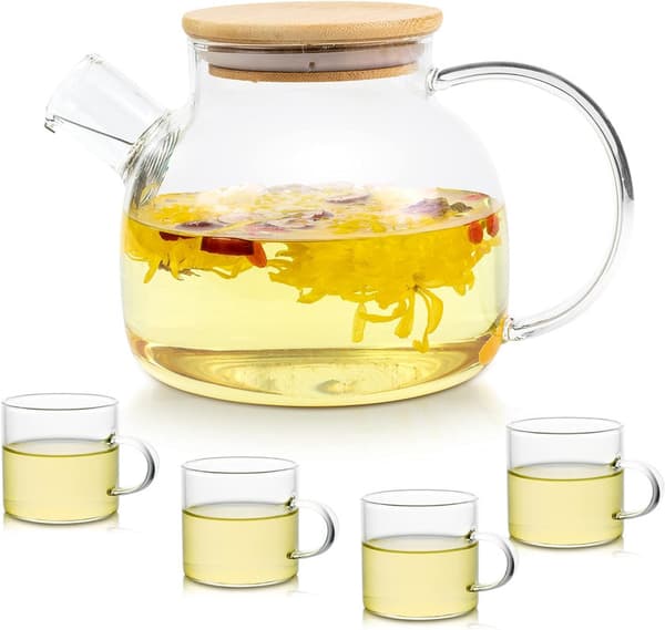 Glass Teapot with Built-in Tea Strainer (1L + 4 (125ml))