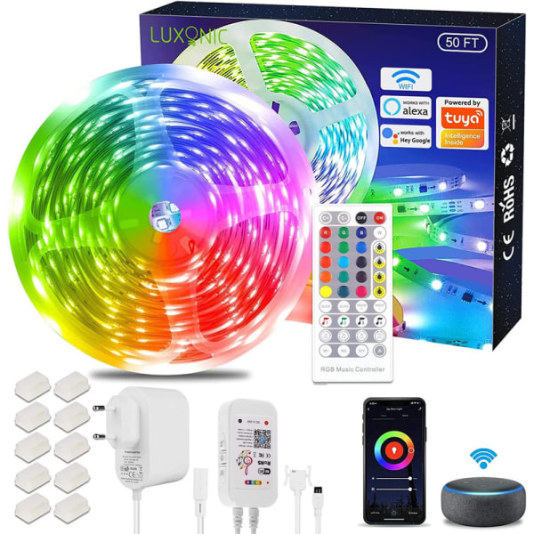 15M WiFi LED-remsa, smartphone-app-styrd musiksynkronisering RGB LED-remsa,