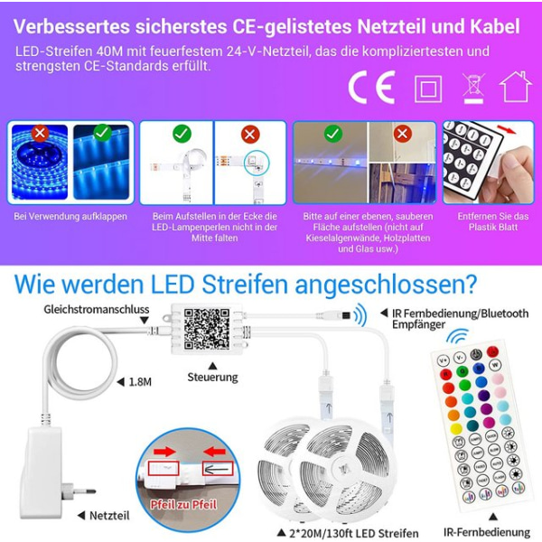 40M/130ft IKERY LED Strips Bluetooth, Smart RGB LED Strip Controllable via App,