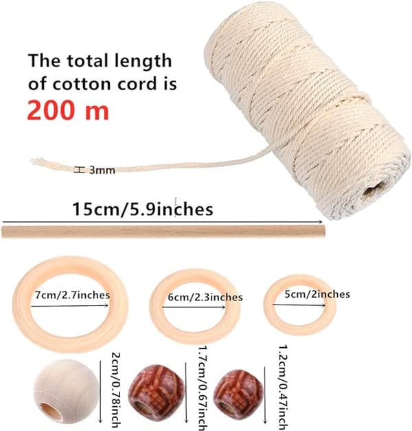 Naturligt macrame-rep 3 mm bomullsrep med träringar, pärlor och pinnar,