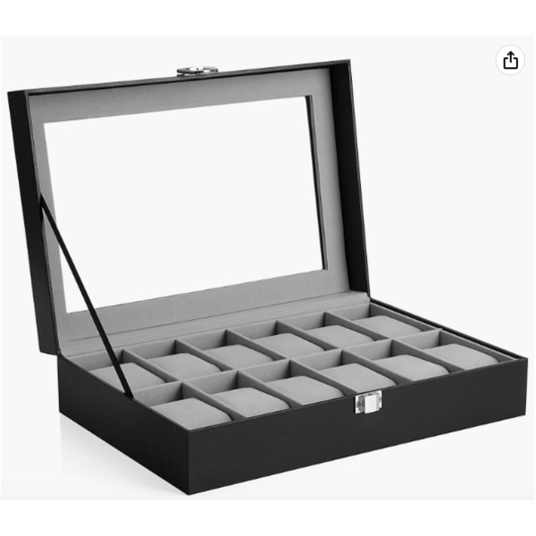 Watch Box with 12 Compartments, Watch Case with Glass Lid, Watch Box