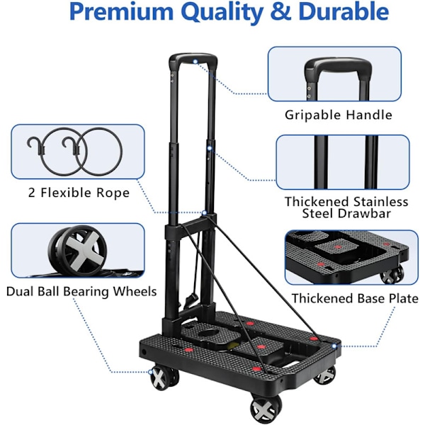 small trolley with 2 elastic cords and 4 wheels, folding trolley with 60kg load,