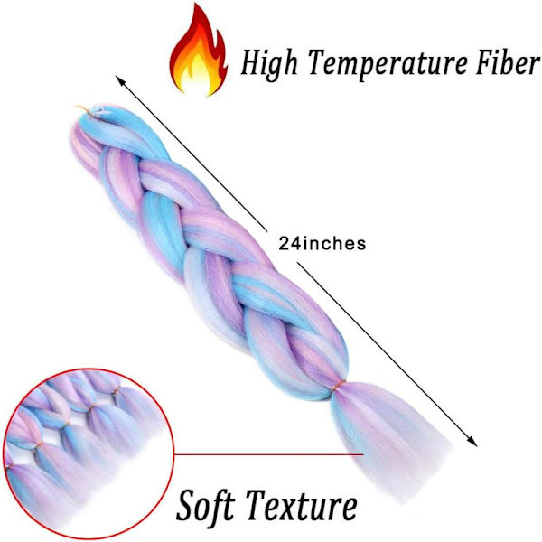 Blandade färger 5 delar flätade hårförlängningar, separerbara 24" (Vit/Rosa/Ljusblå/Ljuslila)