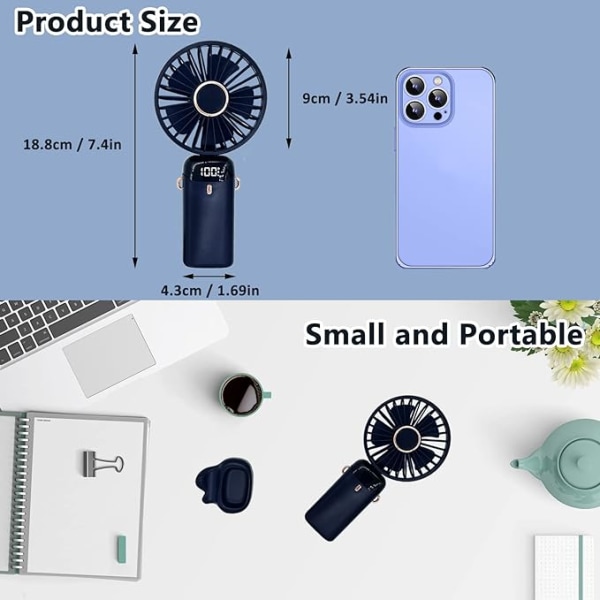 Hand Fan Very Quiet, 4000 mAh Mini Fan, Portable Table Fan, 5-Speed Battery, USB Run, 90° Foldable, Small