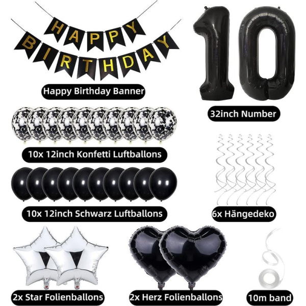 ballong 10. Födelsedagsdekoration,svart födelsedag 10 år pojke,svart och vit partytjej pojke,