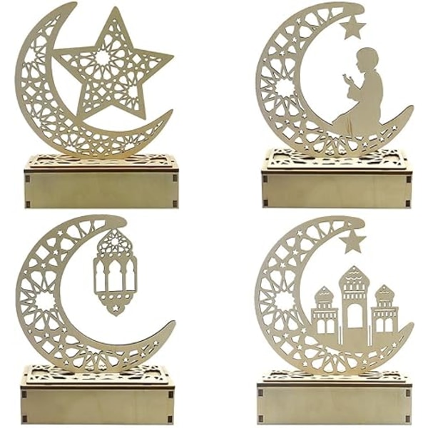 Ramadan, dekoration, LED-lampa, 4 stycken Eid Mubarak, bordsdekoration, nattlampor, trä, LED-lampa