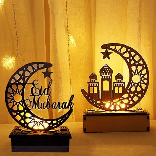 Trä LED-lampa Ramadan dekoration Crescent måne stjärna ljus muslimsk islam