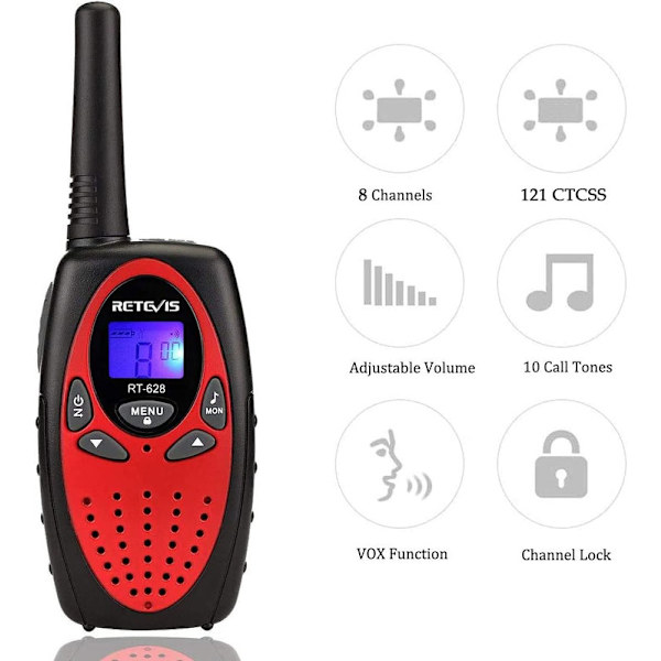 Walkie-talkie för barn, från 3-12 år, 8 kanaler, radioleksak för camping, skola, barnspel, familjespel, äventyr (1 par, röd), 2 stycken (1-pack)