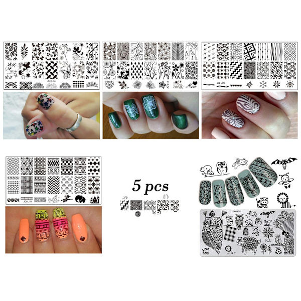 Nagelkonstplattor, nagelstämplar, manikyrverktygssats, 5 x nagelstämplar