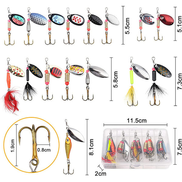 Spinner Blinker Set, 16 delar fiskedrag med diskantkrokar