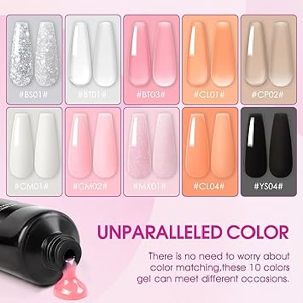 Nagelrekonstruktionskit 10 färger rosa vit orange svart transparent