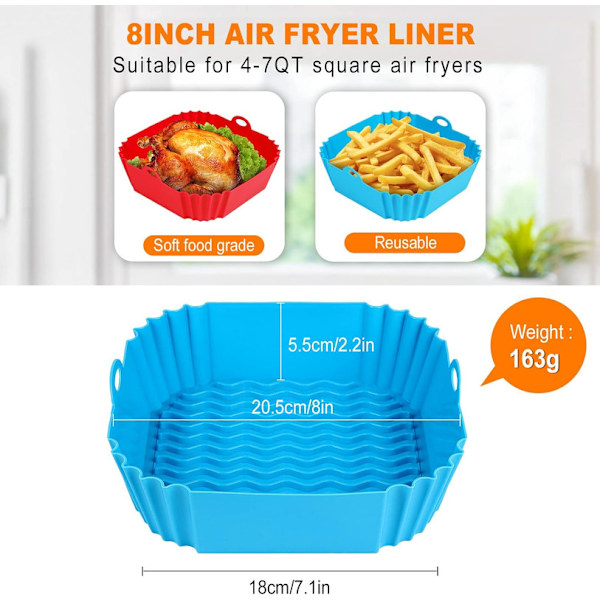 2 st fyrkantiga silikonformar för airfryer - 20 cm återanvändbara airfryerformar - 4 till 7 QT airfryertillbehör