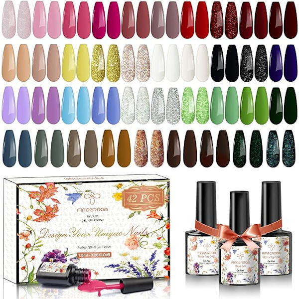 UV-nagellackset, 45 st gelnagellack med baslack, glänsande och matt topplack, diamant och fluorescerande topplack