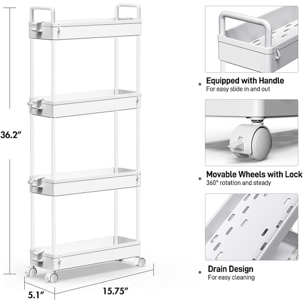 4-vånings förvaringsvagn Skjutbar tunn rullande funktionell vagn Mobil förvaring