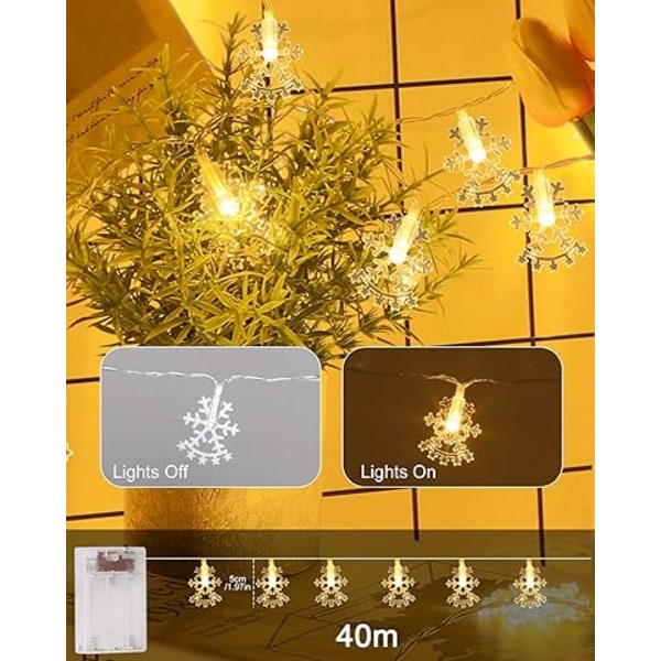 Snöflinga ljuskedjor, 6 m, 40 LED-batteridrivna ljuskedjor, snöflinga ljuskedjor