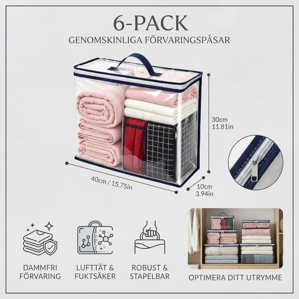 6-pack Förvaringsväskor 40 × 30 × 10 cm, Vikbara PVC-förvaringslådor för Kläder, Sängkläder