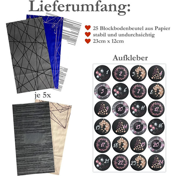 Adventskalenderfyllning med 25 påsar, komplett set för DIY för adventstid