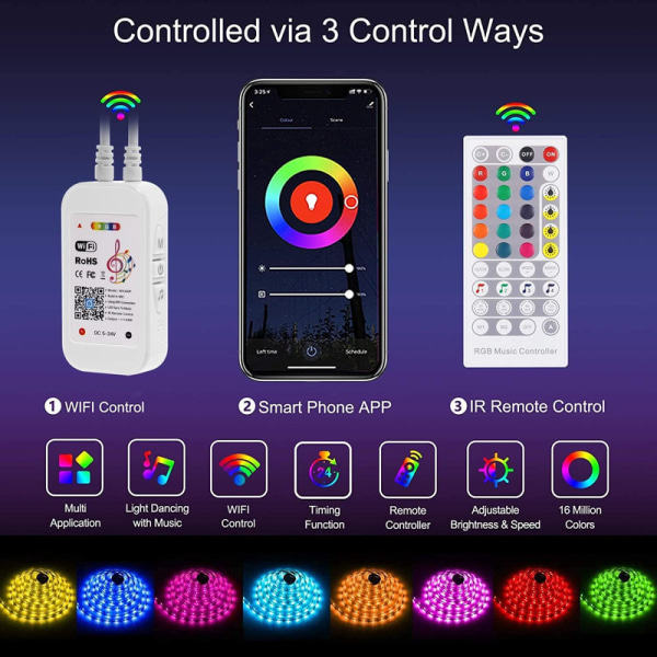 15M WiFi LED-remsa, smartphone-app-styrd musiksynkronisering RGB LED-remsa,