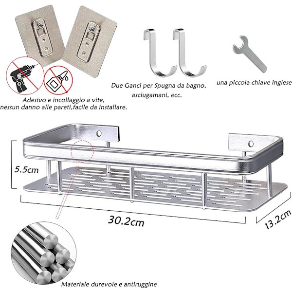 Shower shelf without drilling - Soap for shower with 2 hooks - Stainless items for bathroom, Kitchen