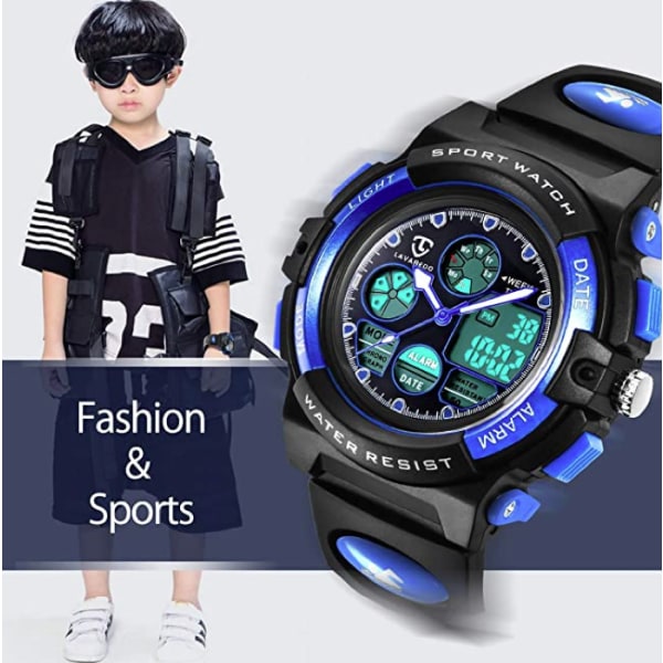 LED vattentät digital watch för barn blå (analog + digital)