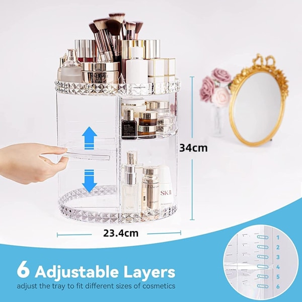 Makeup-arrangör, 360° roterbar sminkbord kosmetisk arrangör, parfymförvaring, hudvårdsskönhetsarrangör, sminklåda, tillbehör för byrå sovrum badrum, transparent