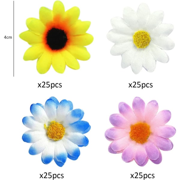 100 st små tusenskönor, konstgjorda tusensköna Gerbera-blommor (4 färger)