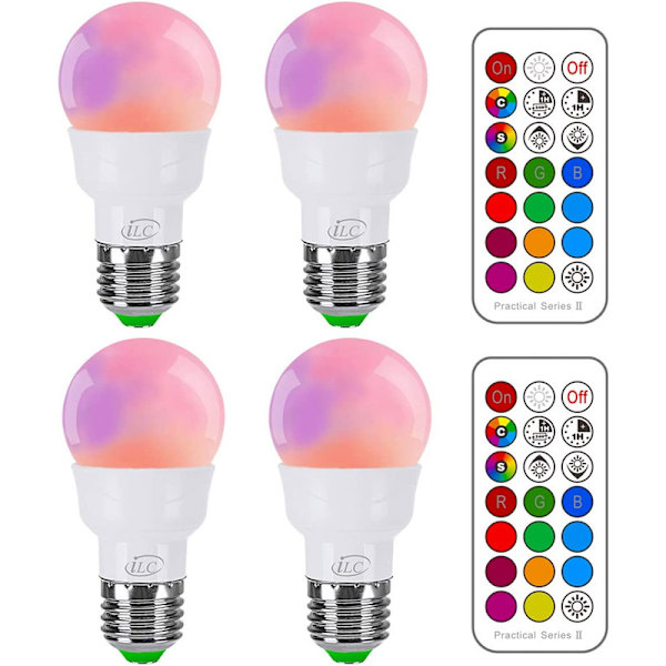 Glödlampa med fjärrkontroll, färgändring, färgade lampor, 12 färger, (paket med 4)