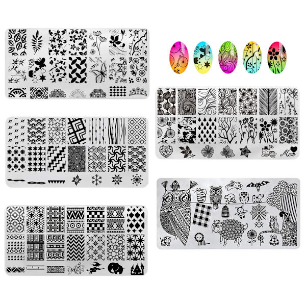 Nagelkonstplattor, nagelstämplar, manikyrverktygssats, 5 x nagelstämplar