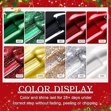10-Pack Jul gellack Set – Röd, Grön, Vit, Guld, Silver & Glitter (10 x 8 ml)