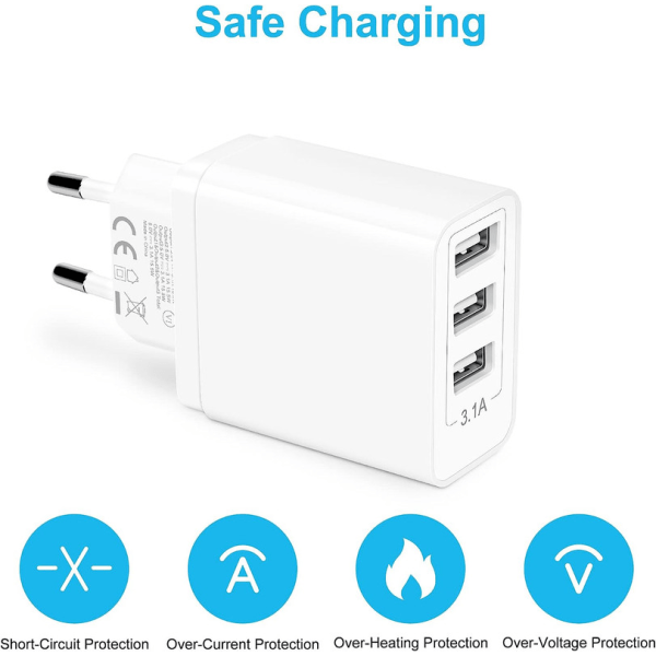 3 Port USB Charger (2 Pieces), 15W USB Wall Charger 3A/5V, Charger Adapter/Charger