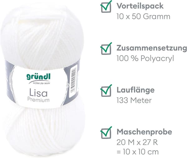 Ull polyakryl, vit, 133 m, nåltjocklek 3,5-4,5, 10 st.