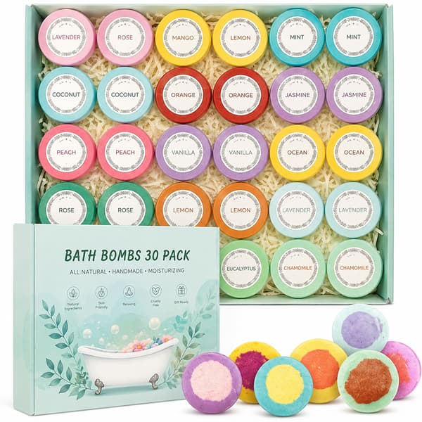 Badbomber Present-Set (30-pack) – Handgjorda Ekologiska Bubbelbadbomber med Eteriska Oljor | 15 Dofter